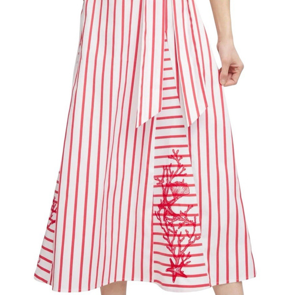 Chico's Embroidered Godet Stripe Maxi Dress Large 12 Red Coastal Vacation Resort - Picture 6 of 16